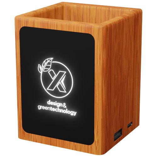 SCX.design O12 wooden light-up logo pencil holder with dual USB output